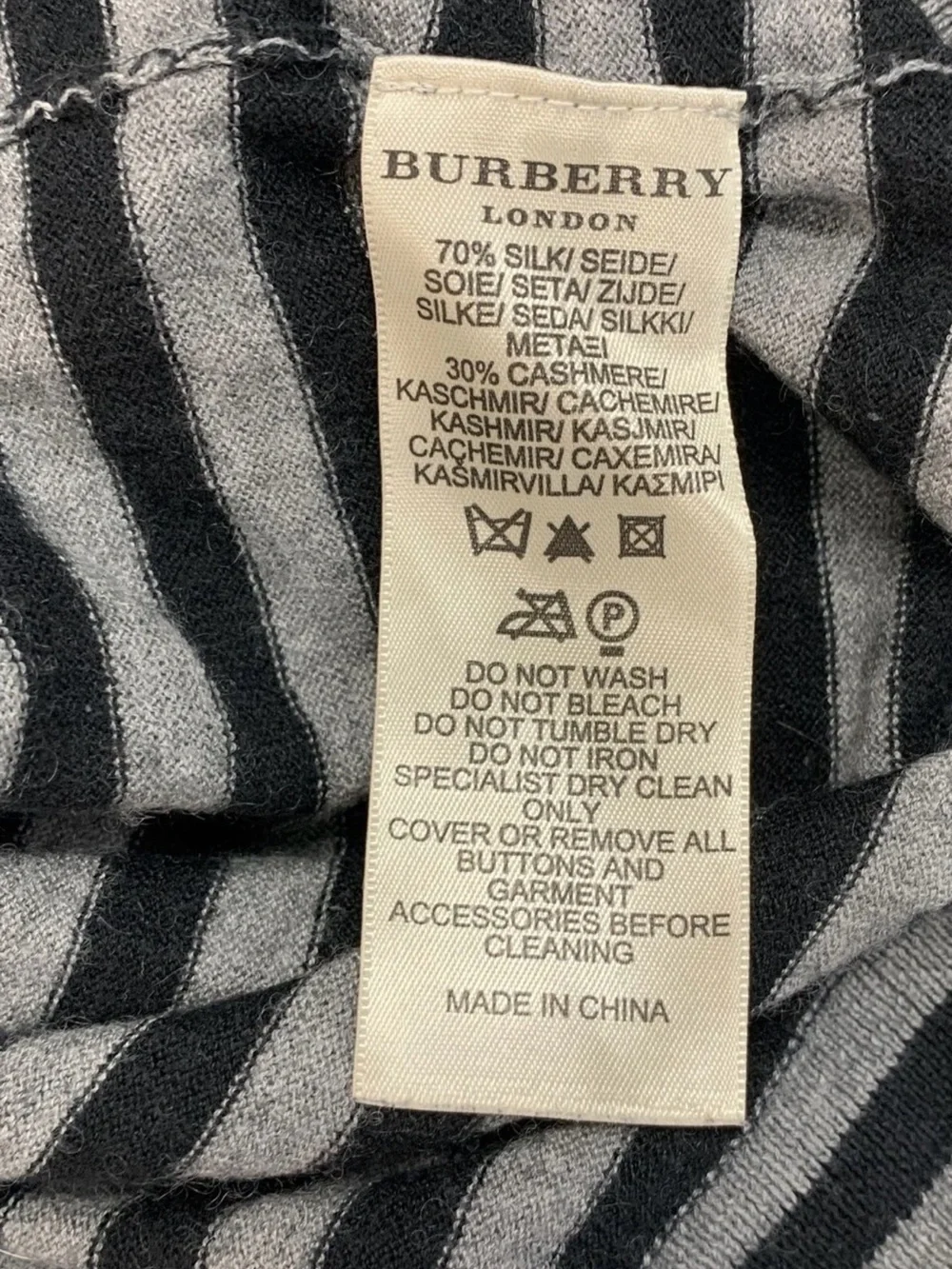 Burberry Black and Gray Striped V-Neck Sweater silk and cashmere size medium